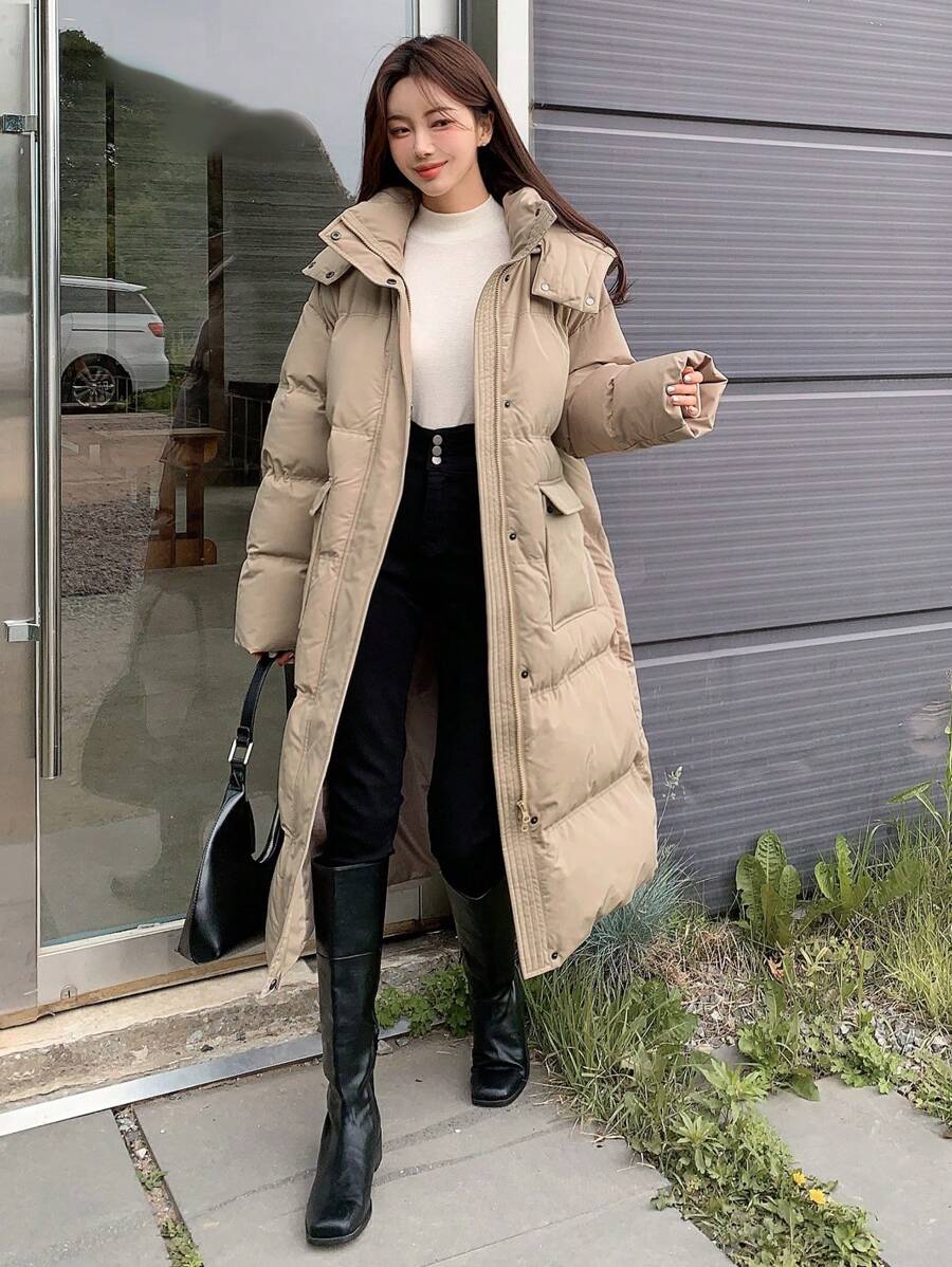 DAZY Zip Up Snap Button Hooded Puffer Thick Coat ,Winter Women Clothes,Winter Coat Women - Khaki - View 1