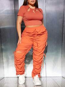 SHEIN SXY Plus Elastic Waist Ruched Trousers - Orange - View 3