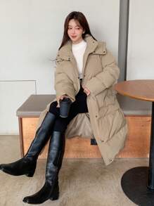 DAZY Zip Up Snap Button Hooded Puffer Thick Coat ,Winter Women Clothes,Winter Coat Women - Khaki - View 3
