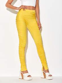 LYDIA SIMONE Solid Ruched Split Hem Stacked Leggings - Yellow - View 1