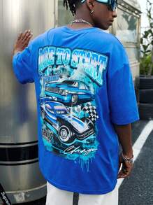 Manfinity RebelGame 宽松男式汽车与字母图案圆领 T 恤 - 藍色 - 查看 1