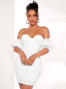 SHEIN SXY Off Shoulder Lá sen tỉa Váy bodycon bustier - trắng - Xem 1
