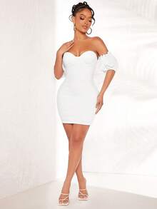 SHEIN SXY Off Shoulder Lá sen tỉa Váy bodycon bustier - trắng - Xem 4