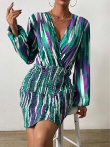 Chiquease Brush Print Surplice Neck Lantern Sleeve Ruched Bodycon Dress - Multicolor - View 1