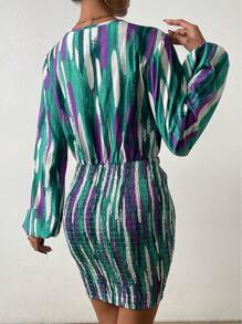 Chiquease Brush Print Surplice Neck Lantern Sleeve Ruched Bodycon Dress - Multicolor - View 2