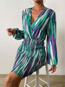 Chiquease Brush Print Surplice Neck Lantern Sleeve Ruched Bodycon Dress - Multicolor - View 4