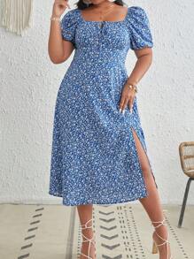SHEIN VCAY 大碼碎花前打結高衩連衣裙 - 彩色 - 查看 1