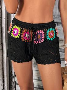 花卉圖案勾織鏤空罩衫短褲