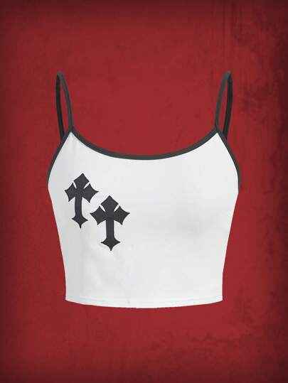 Grunge Punk Top À Fines Brides À Broderie Géométrique À Liseré Contrastant