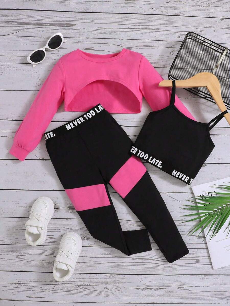 SHEIN 女小童高低下擺上衣&字母圖案吊帶上衣&撞色緊身打底褲 - 彩色 - 查看 1
