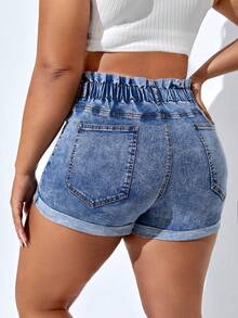 SHEIN SXY 大碼紙袋腰卷邊牛仔短褲 - 中等水洗藍 - 查看 2