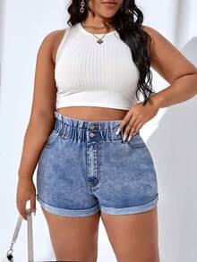 SHEIN SXY 大碼紙袋腰卷邊牛仔短褲 - 中等水洗藍 - 查看 4