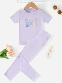 RueChic Young Girl Butterfly Print Tee & Leggings - Lilac Purple - View 1