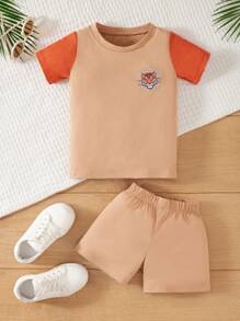 RueChic Young Boy Letter Graphic Contrast Sleeve Tee & Shorts - Brown - View 1