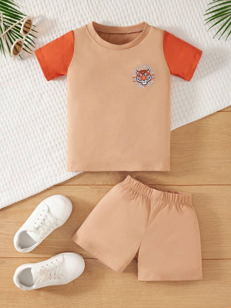 RueChic Young Boy Letter Graphic Contrast Sleeve Tee & Shorts - Brown - View 1