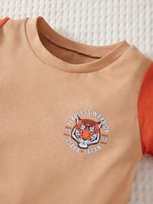 RueChic Young Boy Letter Graphic Contrast Sleeve Tee & Shorts - Brown - View 6