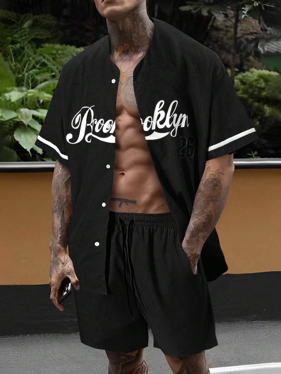 Aesthetic Post 男士字母圖案拼接邊襯衫和腰部抽繩短褲 - 黑色 - 查看 1