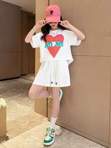 Tween Girl Letter Graphic Drop Shoulder Tee & Drawstring Waist Shorts