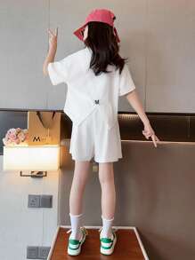 Tween Girl Letter Graphic Drop Shoulder Tee & Drawstring Waist Shorts