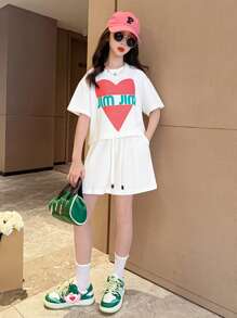 Tween Girl Letter Graphic Drop Shoulder Tee & Drawstring Waist Shorts