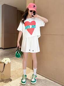 Tween Girl Letter Graphic Drop Shoulder Tee & Drawstring Waist Shorts