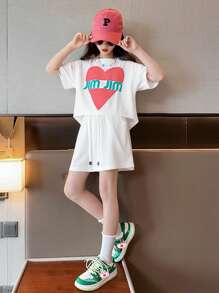 Tween Girl Letter Graphic Drop Shoulder Tee & Drawstring Waist Shorts