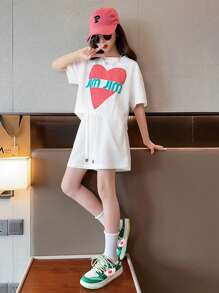 Tween Girl Letter Graphic Drop Shoulder Tee & Drawstring Waist Shorts