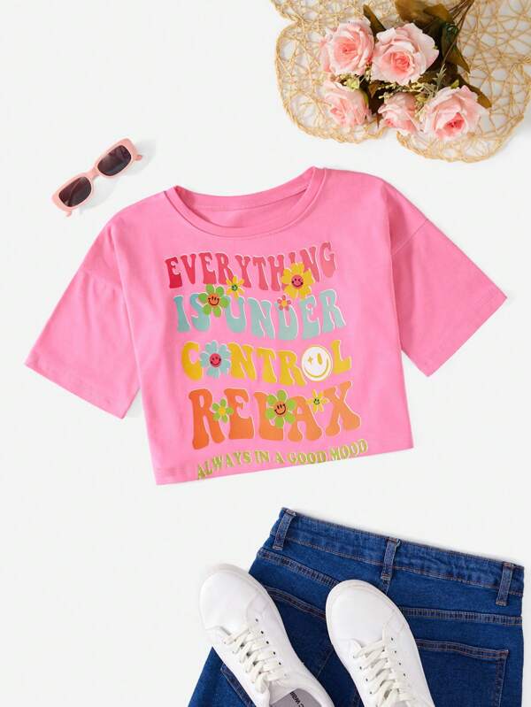 RueChic Tricou cu flori și slogan pentru fete Tween
