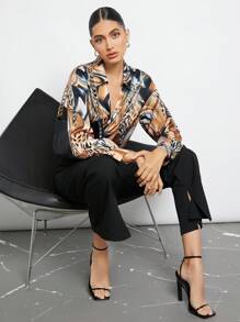 BizChic Leopard Mixed Print Wrap Ruched Shirt