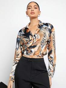 BizChic Leopard Mixed Print Wrap Ruched Shirt