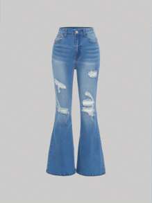 SHEIN Girlism Teen Girl Ripped Flare Leg Jeans - Light Wash - View 1