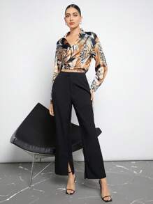 BizChic Leopard Mixed Print Wrap Ruched Shirt
