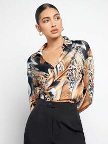 BizChic Leopard Mixed Print Wrap Ruched Shirt