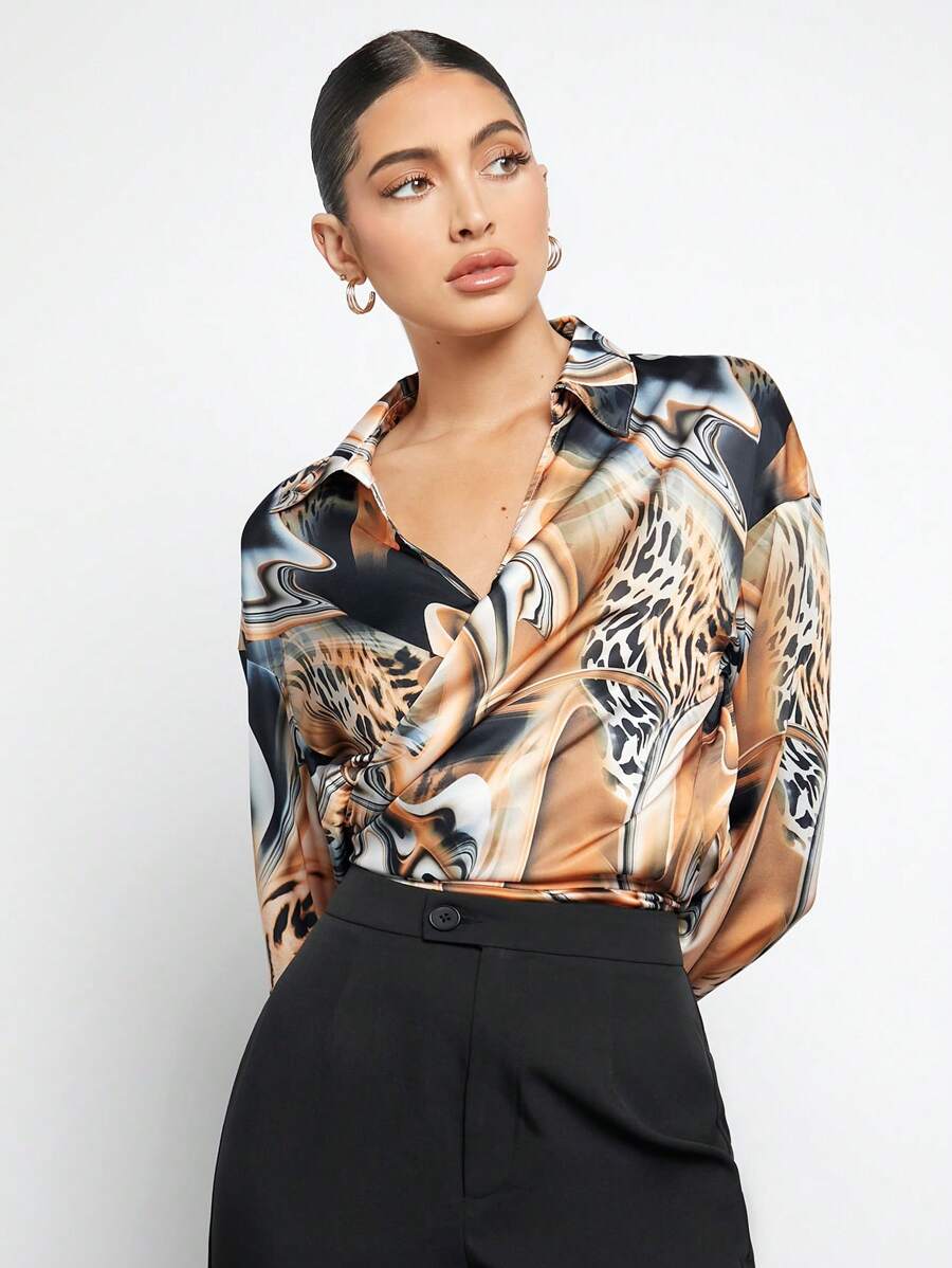 BizChic Leopard Mixed Print Wrap Ruched Shirt