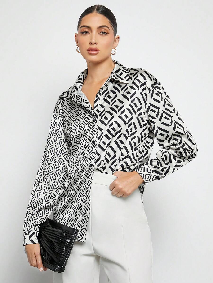 BizChic 幾何印花落肩袖襯衫 - 黑與白 - 查看 1