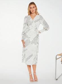 BizChic 波點圖案交疊領連衣裙 - 黑與白 - 查看 1