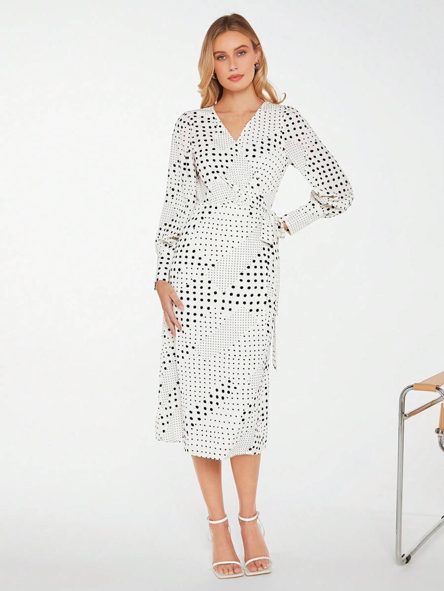 BizChic 波點圖案交疊領連衣裙 - 黑與白 - 查看 1