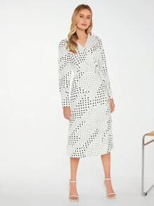 BizChic 波點圖案交疊領連衣裙 - 黑與白 - 查看 4