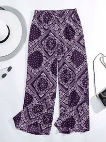 Mulvari 大碼佩斯利絲巾圖案闊腿褲 - 紫色 - 查看 1