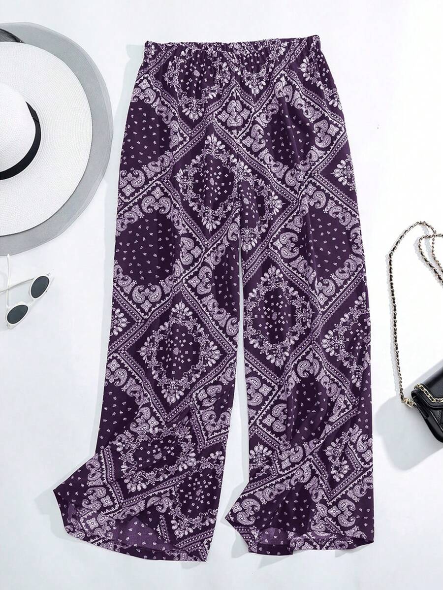 Mulvari 大碼佩斯利絲巾圖案闊腿褲 - 紫色 - 查看 1