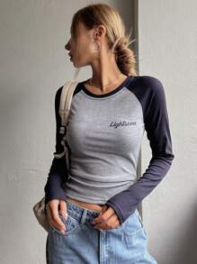 DAZY Letter Graphic Contrast Raglan Sleeve Crop Tee,Fall Women Clothes