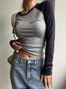 DAZY Letter Graphic Contrast Raglan Sleeve Crop Tee,Fall Women Clothes