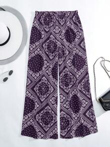 Mulvari 大碼佩斯利絲巾圖案闊腿褲 - 紫色 - 查看 4