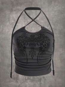 ROMWE Grunge Punk Cross & Wings Print Crisscross Halter Top, School - Mörkgrå - Visa 2