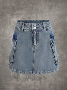 ROMWE Grunge Punk Túi nắp bên cạnh Váy Denim - Rửa nhẹ - Xem 1