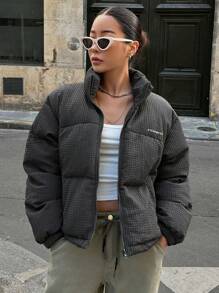 DAZY Áo khoác dày có khóa kéo họa tiết chữ, túi dày, áo khoác mùa đông cho nữ - Màu xám đen - Xem 1