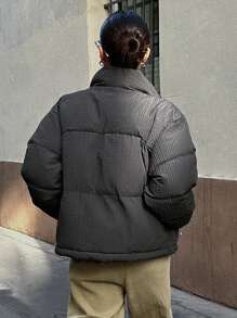 DAZY Áo khoác dày có khóa kéo họa tiết chữ, túi dày, áo khoác mùa đông cho nữ - Màu xám đen - Xem 2