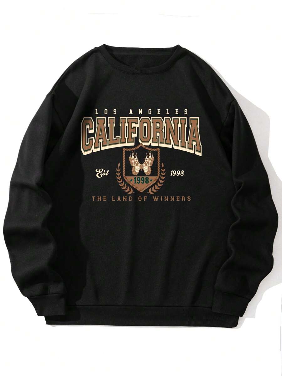 男士蝴蝶和字母圖案加絨內裏運動衫 - 黑色 - 查看 1