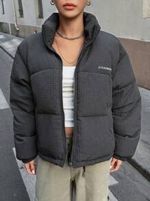 DAZY Áo khoác dày có khóa kéo họa tiết chữ, túi dày, áo khoác mùa đông cho nữ - Màu xám đen - Xem 3