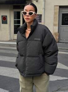 DAZY Áo khoác dày có khóa kéo họa tiết chữ, túi dày, áo khoác mùa đông cho nữ - Màu xám đen - Xem 5